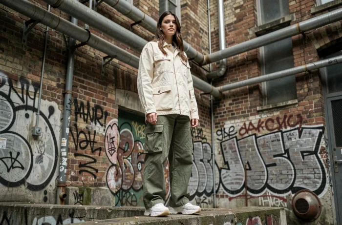 Jeune femme en tenue de mode urbaine tendance avec veste technique oversize et cargo pants dans une ruelle industrielle