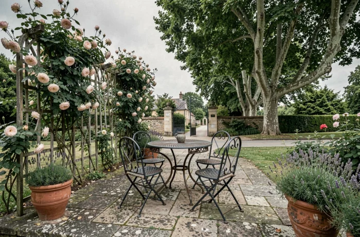 Terrasse de jardin française avec mobilier en fer forgé, rosiers grimpants et portail de village à Louveciennes