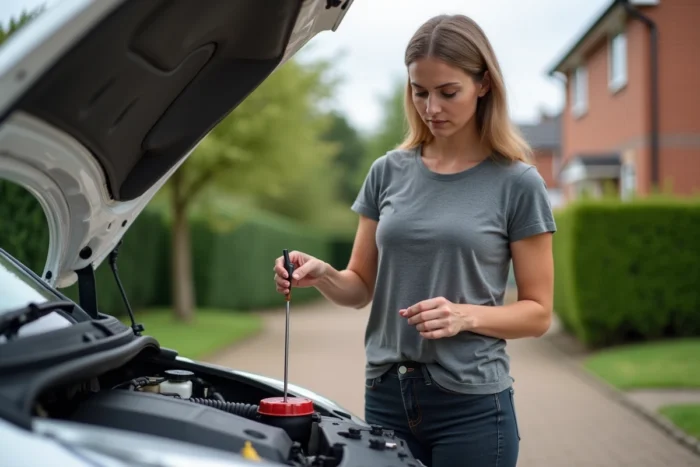 Femme vérifiant le niveau d'huile moteur sous le capot ouvert d'une voiture dans une allée résidentielle