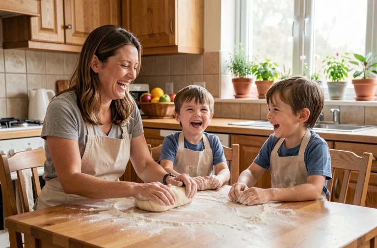 Mère et enfants en train de préparer de la pâte ensemble dans une cuisine familiale, moment de complicité au quotidien