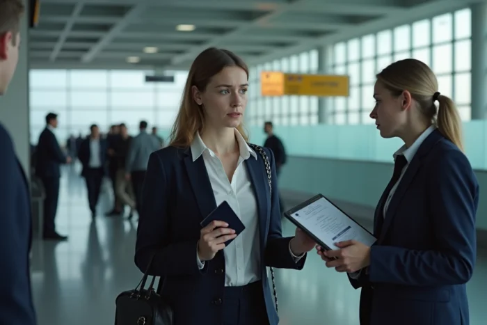 Femme présentant son passeport expiré à un agent des frontières dans un aéroport international