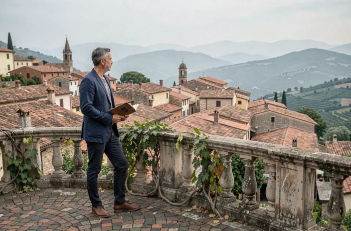 Voyageur contemplant un village méditerranéen depuis une terrasse panoramique avec un guide de voyage à la main