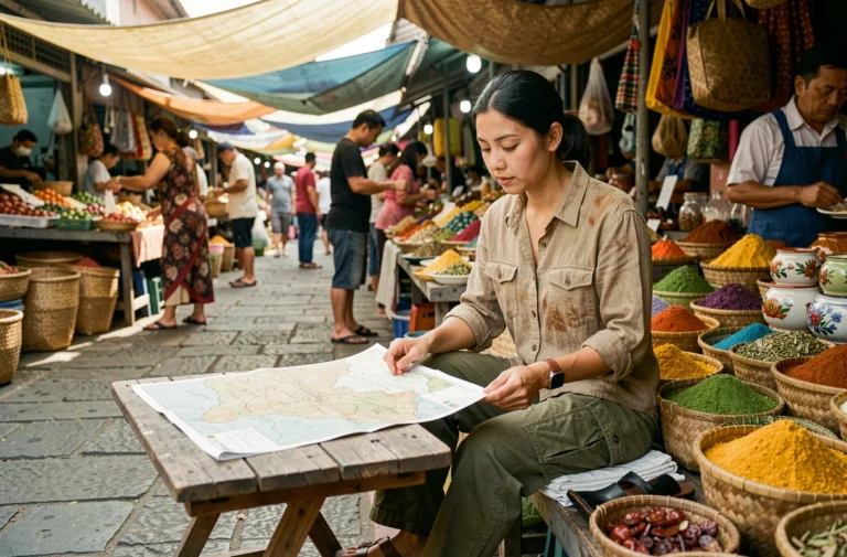 Voyageuse consultant une carte artisanale dans un marché local animé en Asie du Sud-Est, entourée d'épices et d'artisanat coloré