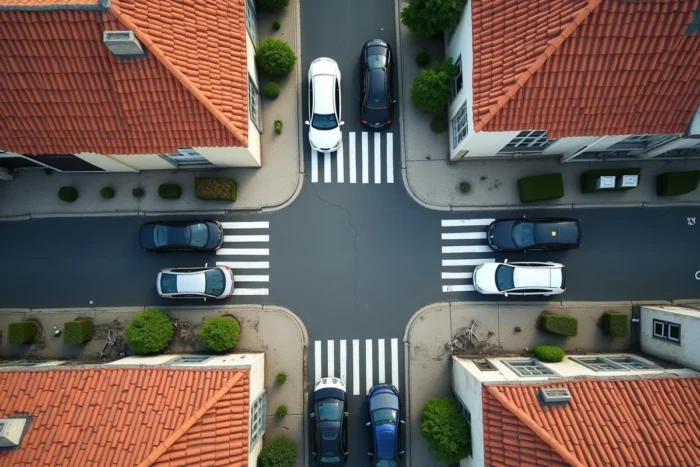 Vue aérienne d'un carrefour avec voitures garées gratuitement dans un quartier de Rennes